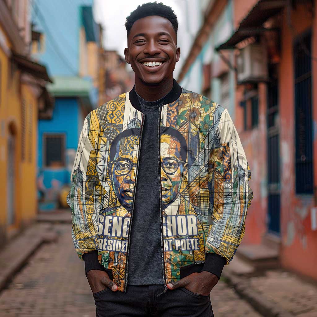 Léopold Sédar Senghor Bomber Jacket President Poete Portrait Futuristic African Robotic Handshake Earth and Flowers Unity - Wonder Print Shop