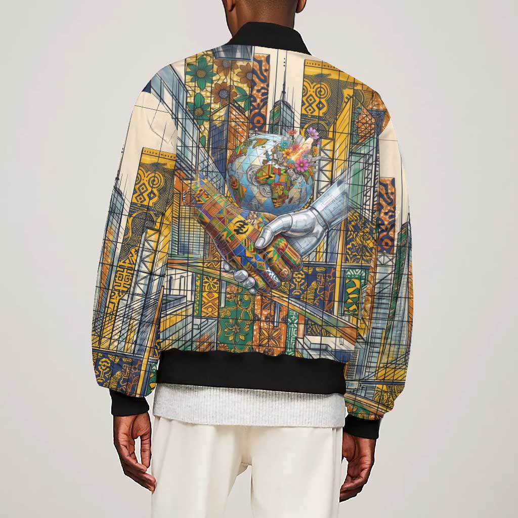 Léopold Sédar Senghor Bomber Jacket President Poete Portrait Futuristic African Robotic Handshake Earth and Flowers Unity - Wonder Print Shop