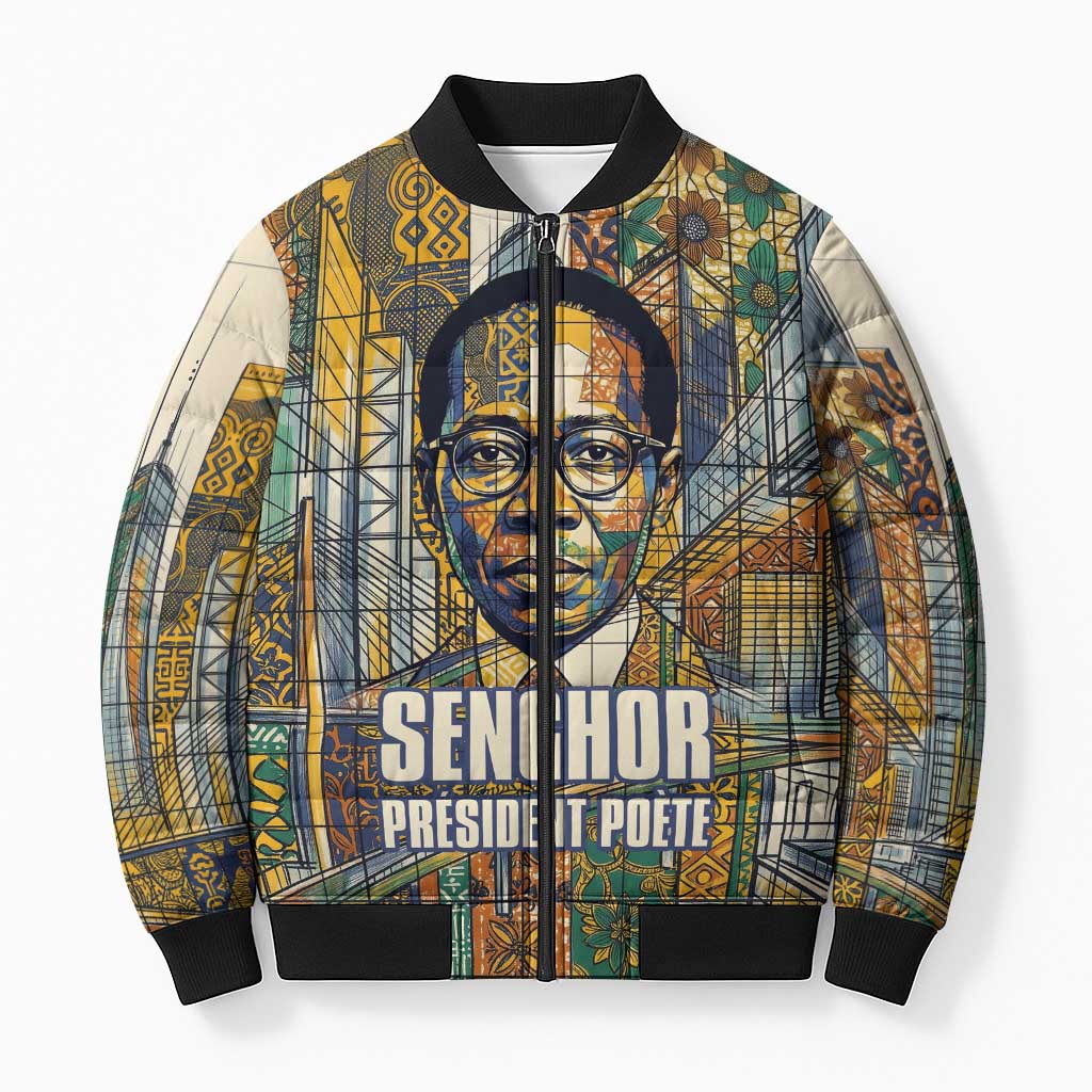 Léopold Sédar Senghor Bomber Puffer Jacket President Poete Portrait Futuristic African Robotic Handshake Earth and Flowers Unity - Wonder Print Shop