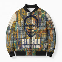 Léopold Sédar Senghor Bomber Puffer Jacket President Poete Portrait Futuristic African Robotic Handshake Earth and Flowers Unity - Wonder Print Shop