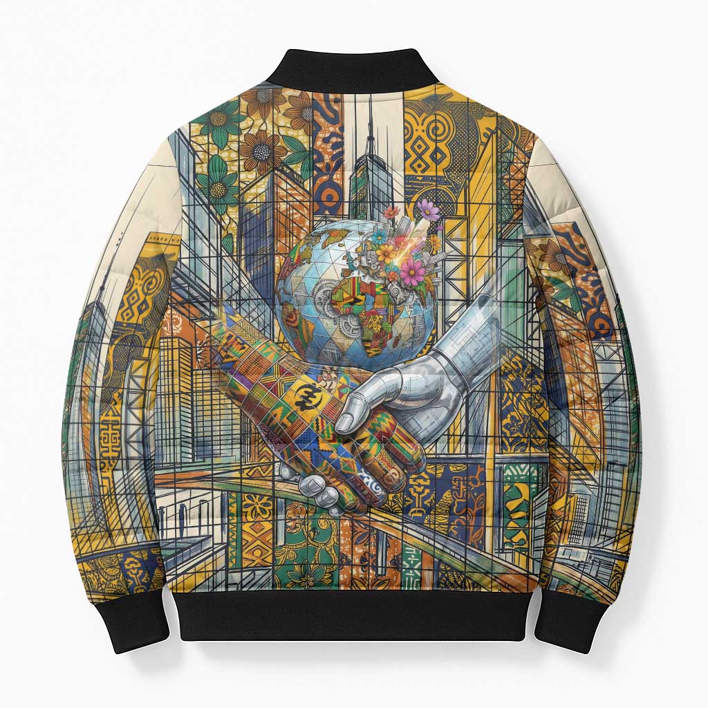Léopold Sédar Senghor Bomber Puffer Jacket President Poete Portrait Futuristic African Robotic Handshake Earth and Flowers Unity - Wonder Print Shop