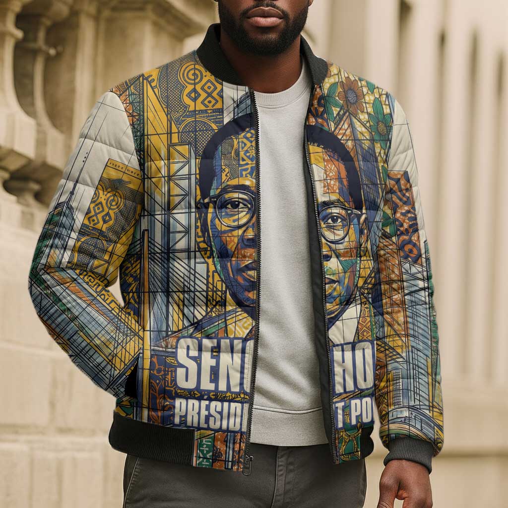 Léopold Sédar Senghor Bomber Puffer Jacket President Poete Portrait Futuristic African Robotic Handshake Earth and Flowers Unity - Wonder Print Shop