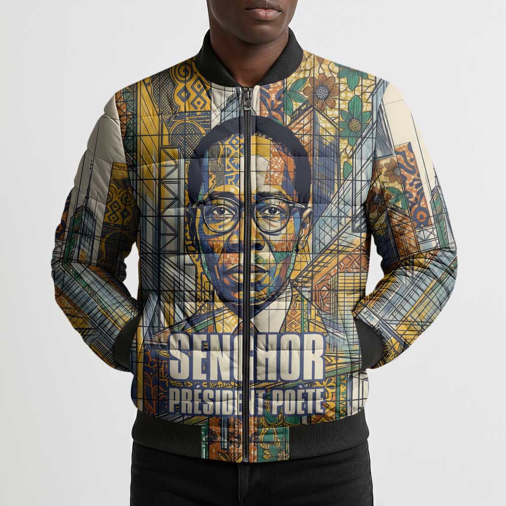 Léopold Sédar Senghor Bomber Puffer Jacket President Poete Portrait Futuristic African Robotic Handshake Earth and Flowers Unity - Wonder Print Shop