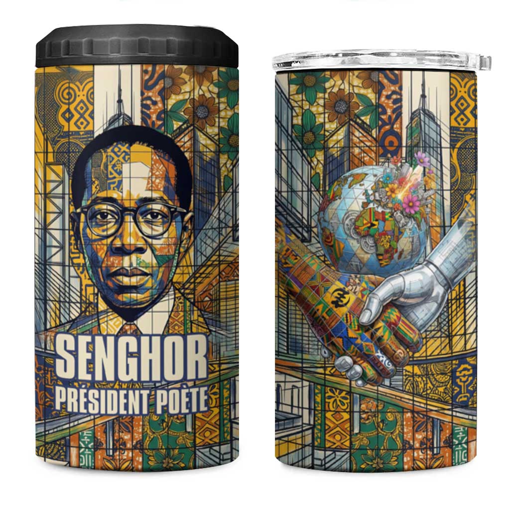 Léopold Sédar Senghor 4 in 1 Can Cooler Tumbler President Poete Portrait Futuristic African Robotic Handshake Earth and Flowers Unity - Wonder Print Shop