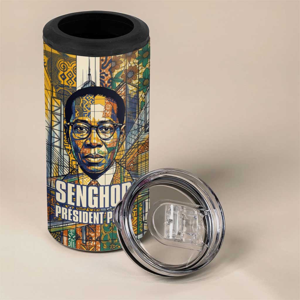 Léopold Sédar Senghor 4 in 1 Can Cooler Tumbler President Poete Portrait Futuristic African Robotic Handshake Earth and Flowers Unity - Wonder Print Shop