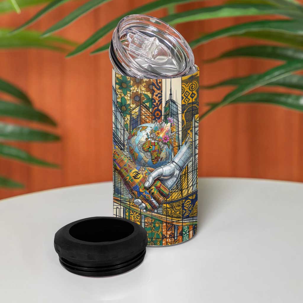 Léopold Sédar Senghor 4 in 1 Can Cooler Tumbler President Poete Portrait Futuristic African Robotic Handshake Earth and Flowers Unity - Wonder Print Shop