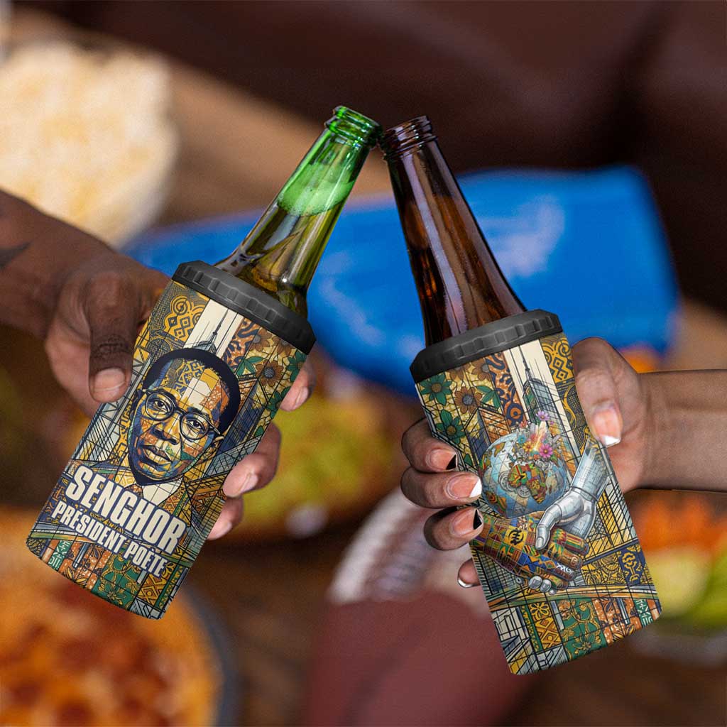 Léopold Sédar Senghor 4 in 1 Can Cooler Tumbler President Poete Portrait Futuristic African Robotic Handshake Earth and Flowers Unity - Wonder Print Shop