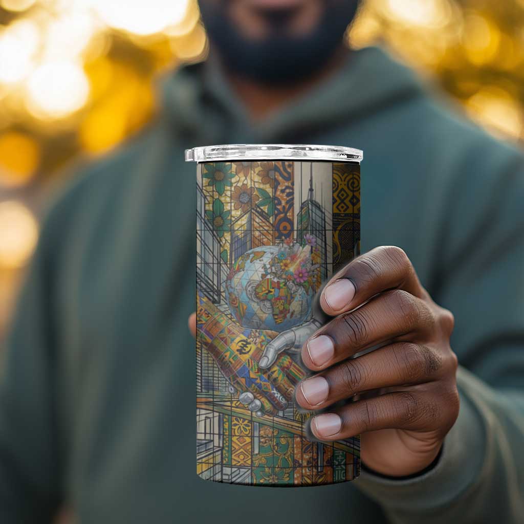 Léopold Sédar Senghor 4 in 1 Can Cooler Tumbler President Poete Portrait Futuristic African Robotic Handshake Earth and Flowers Unity - Wonder Print Shop