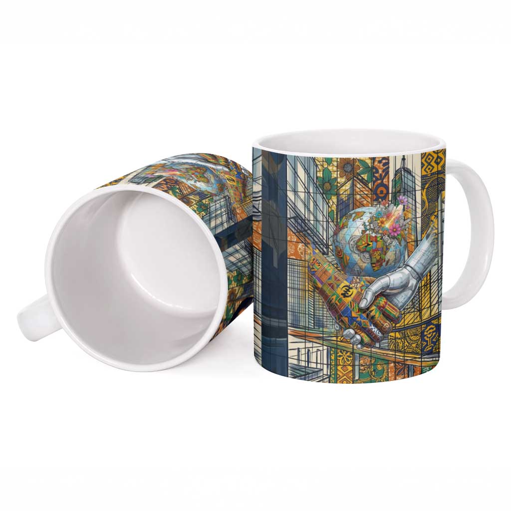 Léopold Sédar Senghor Ceramic Mug President Poete Portrait Futuristic African Robotic Handshake Earth and Flowers Unity - Wonder Print Shop