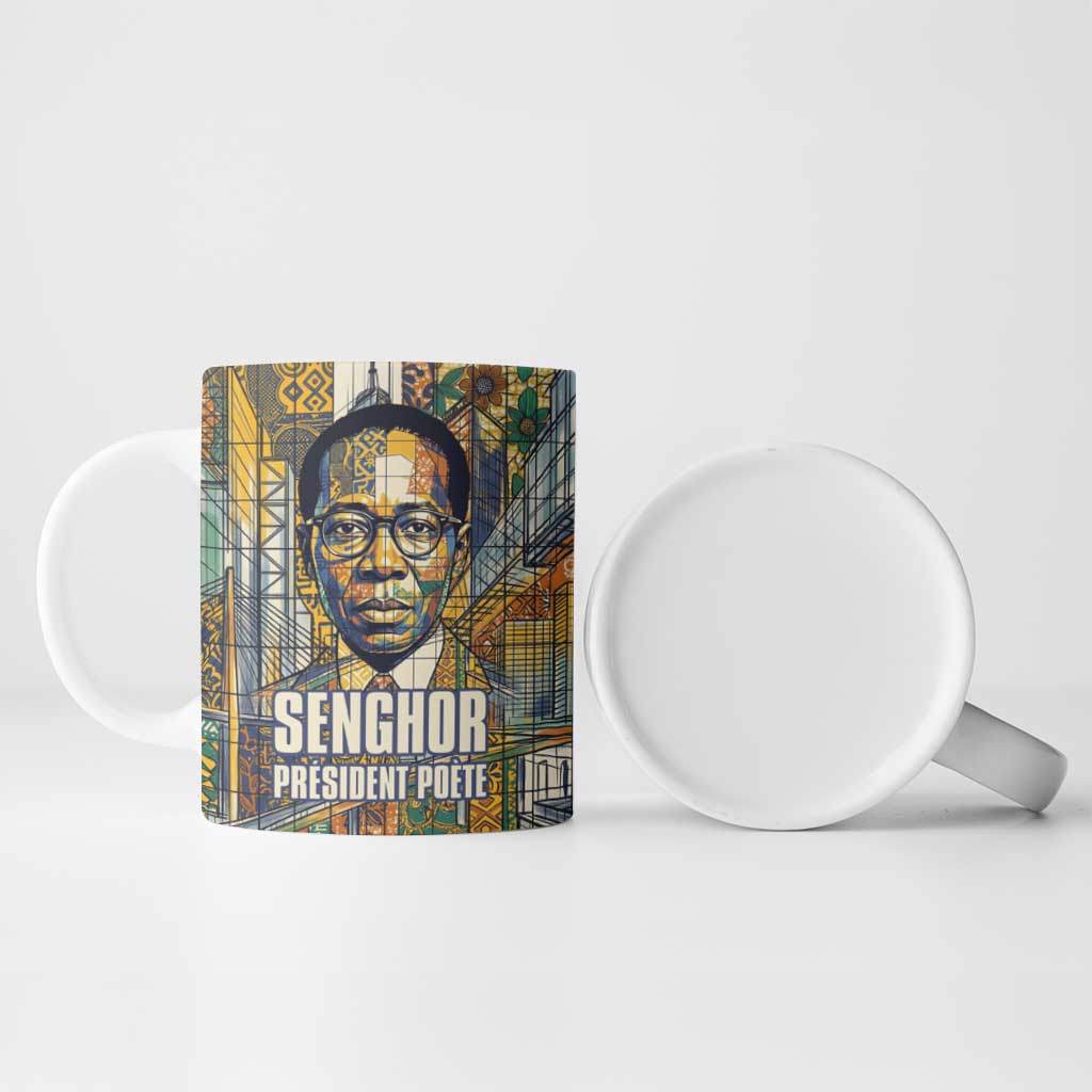 Léopold Sédar Senghor Ceramic Mug President Poete Portrait Futuristic African Robotic Handshake Earth and Flowers Unity - Wonder Print Shop