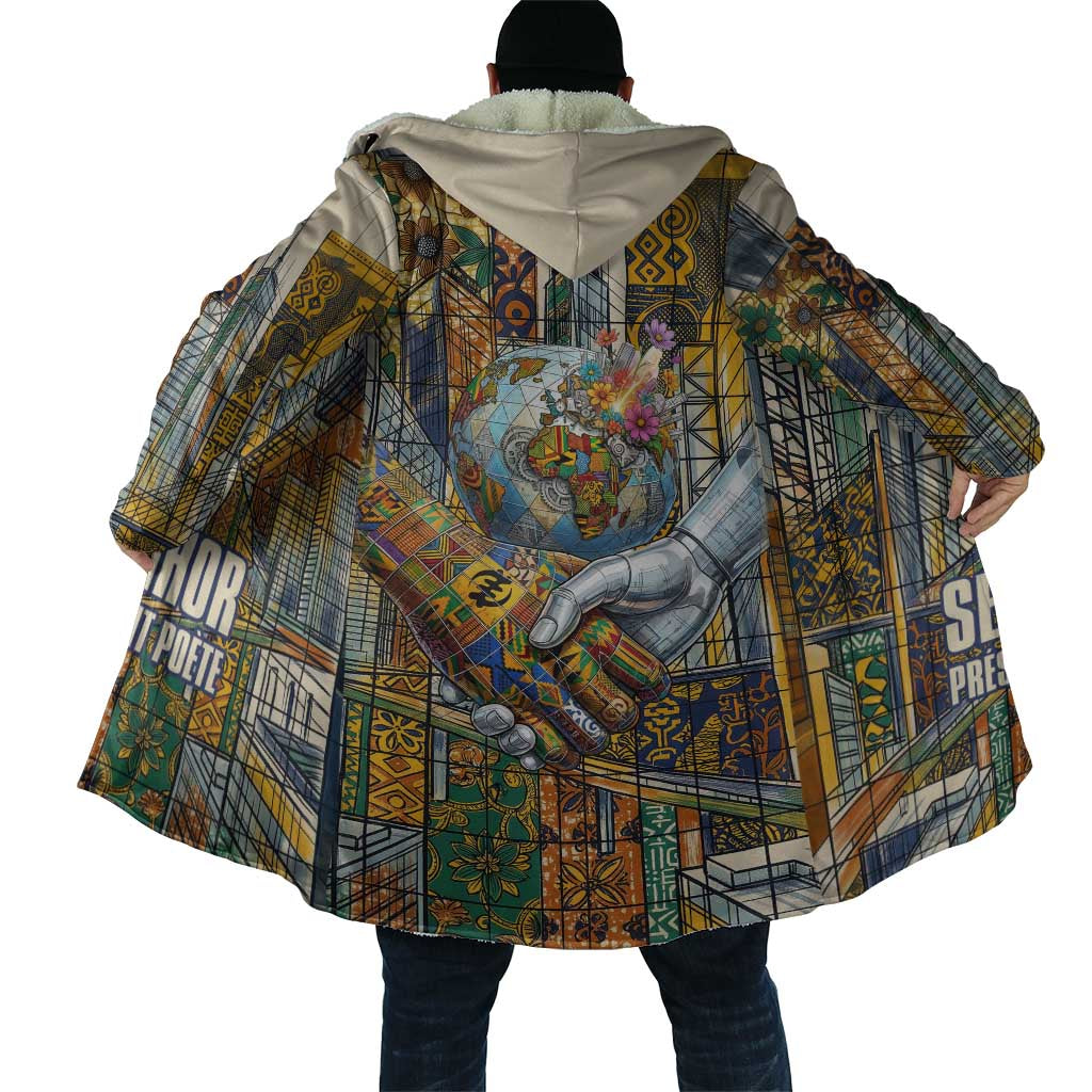 Léopold Sédar Senghor Cloak President Poete Portrait Futuristic African Robotic Handshake Earth and Flowers Unity - Wonder Print Shop