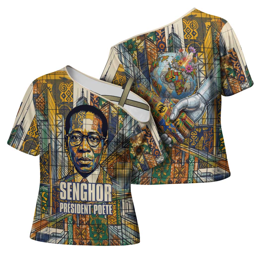 Léopold Sédar Senghor Cross Shoulder Shirt President Poete Portrait Futuristic African Robotic Handshake Earth and Flowers Unity - Wonder Print Shop