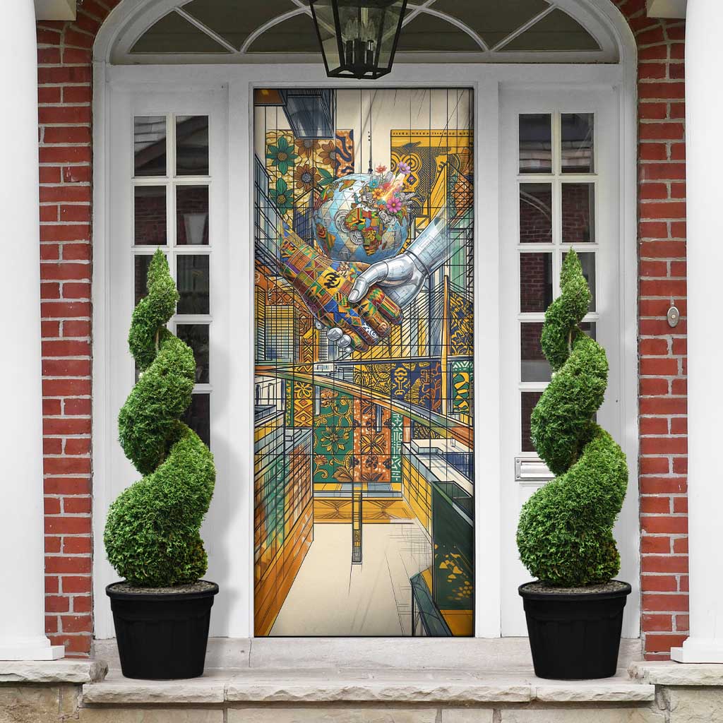 Léopold Sédar Senghor Door Cover President Poete Portrait Futuristic African Robotic Handshake Earth and Flowers Unity - Wonder Print Shop