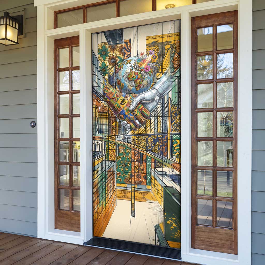 Léopold Sédar Senghor Door Cover President Poete Portrait Futuristic African Robotic Handshake Earth and Flowers Unity - Wonder Print Shop