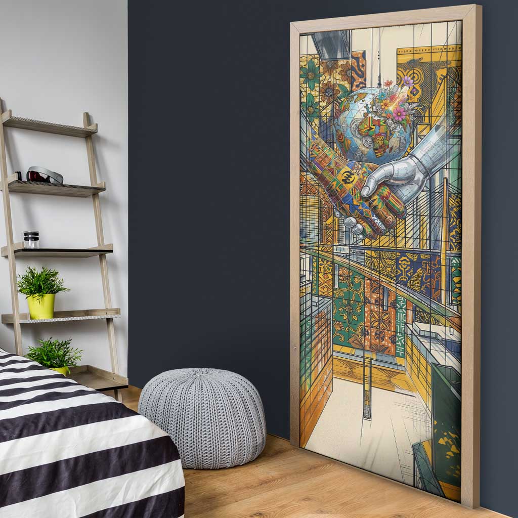 Léopold Sédar Senghor Door Cover President Poete Portrait Futuristic African Robotic Handshake Earth and Flowers Unity - Wonder Print Shop