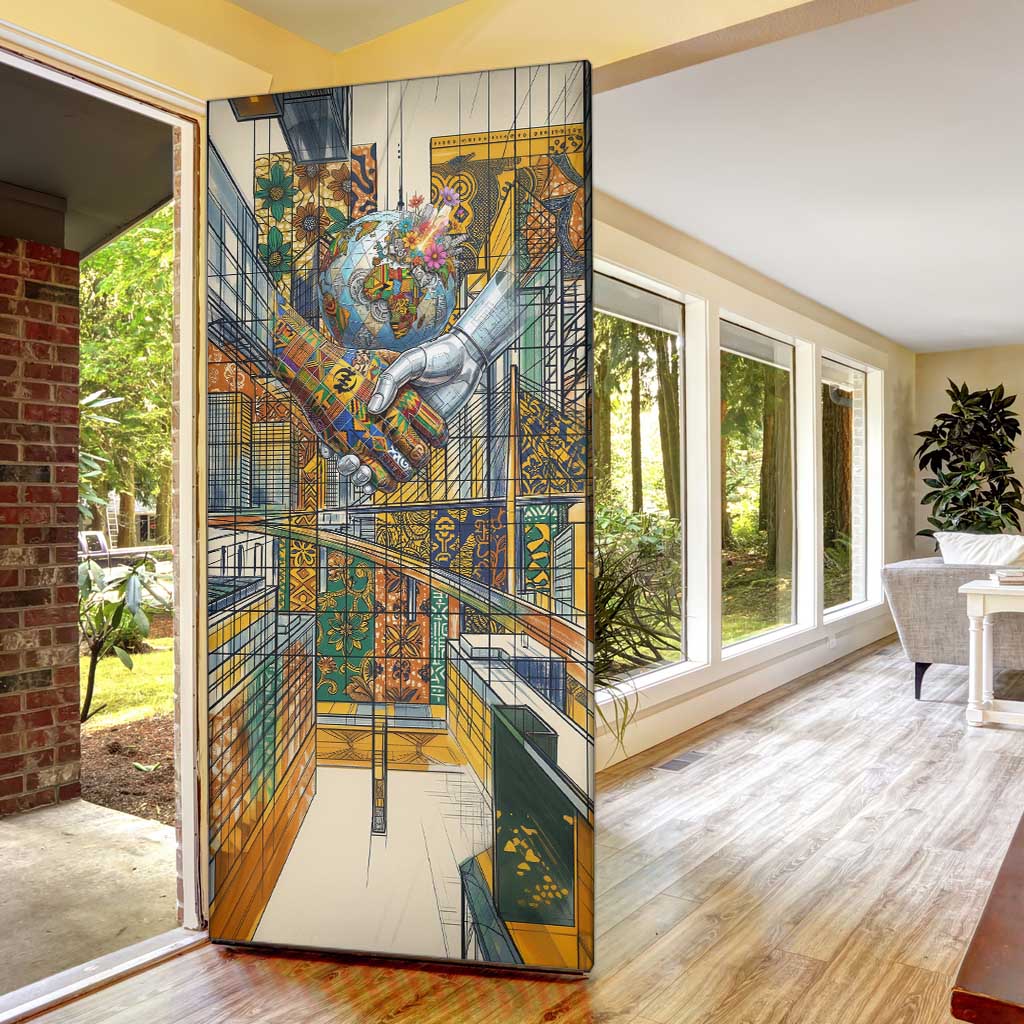 Léopold Sédar Senghor Door Cover President Poete Portrait Futuristic African Robotic Handshake Earth and Flowers Unity - Wonder Print Shop