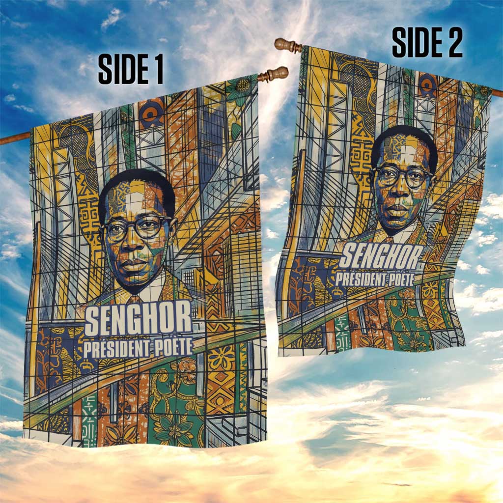 Léopold Sédar Senghor Garden Flag President Poete Portrait Futuristic African Robotic Handshake Earth and Flowers Unity - Wonder Print Shop
