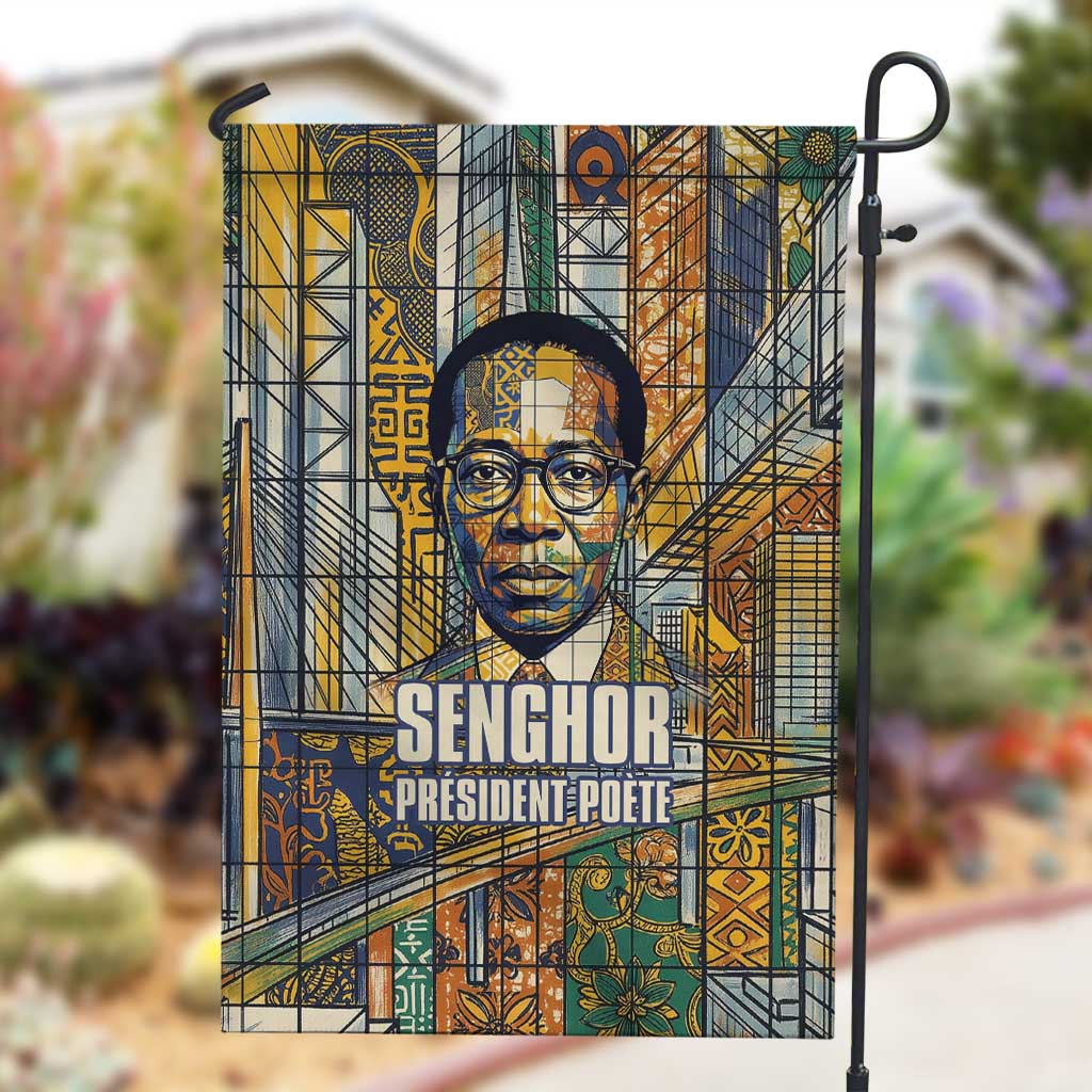 Léopold Sédar Senghor Garden Flag President Poete Portrait Futuristic African Robotic Handshake Earth and Flowers Unity - Wonder Print Shop