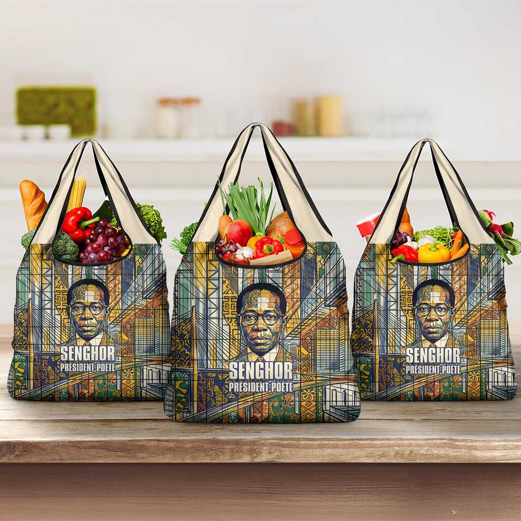 Léopold Sédar Senghor Grocery Bag President Poete Portrait Futuristic African Robotic Handshake Earth and Flowers Unity - Wonder Print Shop