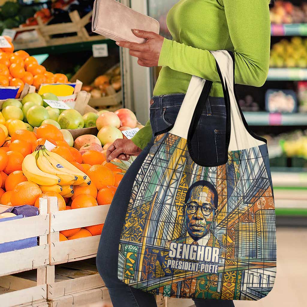 Léopold Sédar Senghor Grocery Bag President Poete Portrait Futuristic African Robotic Handshake Earth and Flowers Unity - Wonder Print Shop