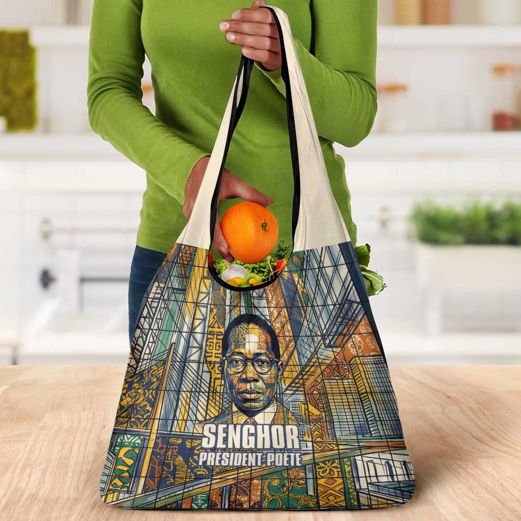 Léopold Sédar Senghor Grocery Bag President Poete Portrait Futuristic African Robotic Handshake Earth and Flowers Unity - Wonder Print Shop
