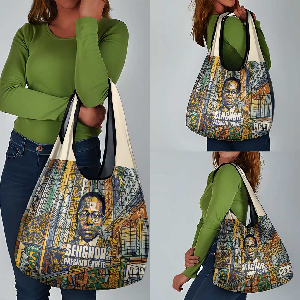 Léopold Sédar Senghor Grocery Bag President Poete Portrait Futuristic African Robotic Handshake Earth and Flowers Unity - Wonder Print Shop