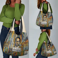 Léopold Sédar Senghor Grocery Bag President Poete Portrait Futuristic African Robotic Handshake Earth and Flowers Unity - Wonder Print Shop