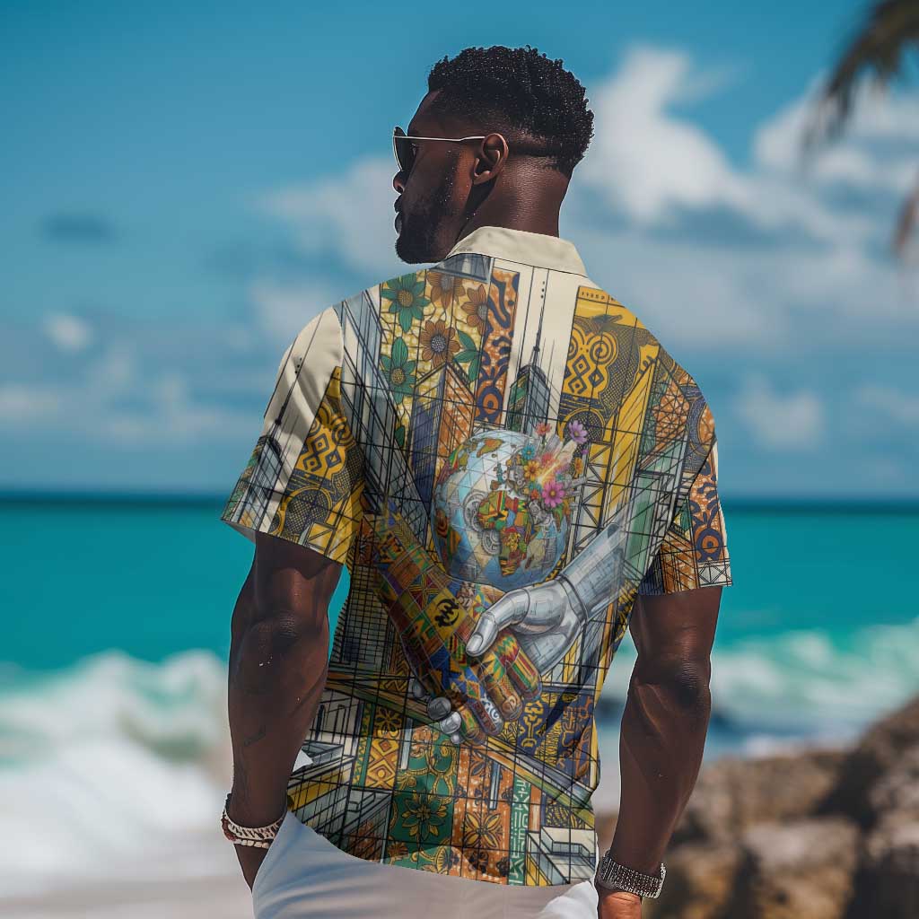 Léopold Sédar Senghor Hawaiian Shirt President Poete Portrait Futuristic African Robotic Handshake Earth and Flowers Unity - Wonder Print Shop