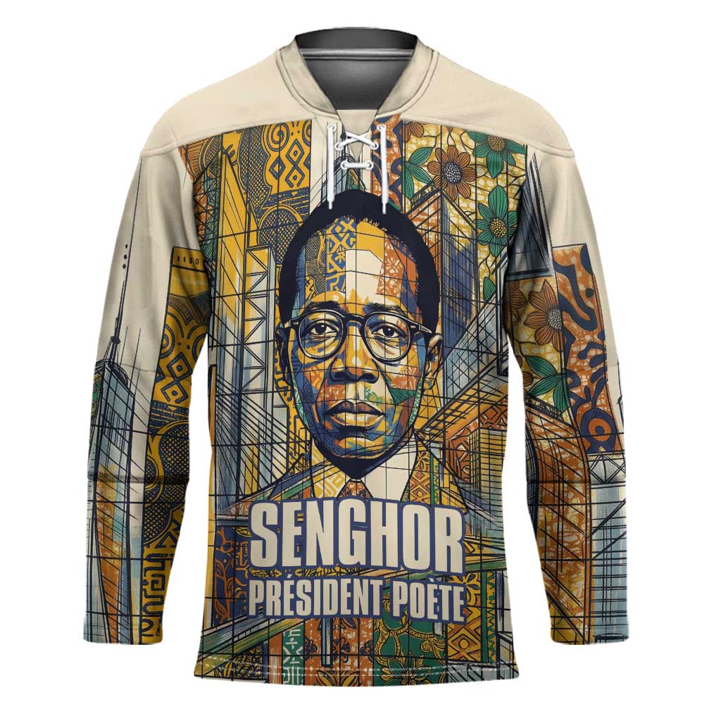 Léopold Sédar Senghor Hockey Jersey President Poete Portrait Futuristic African Robotic Handshake Earth and Flowers Unity - Wonder Print Shop