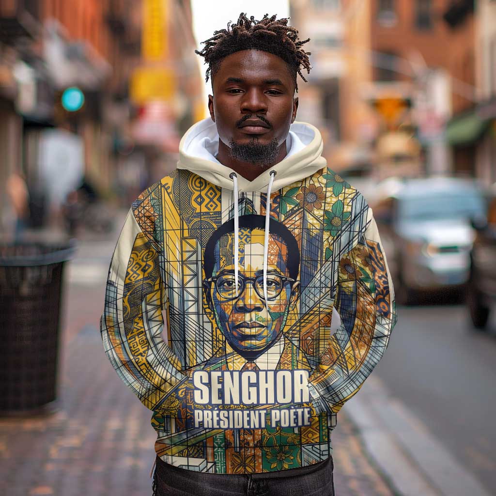 Léopold Sédar Senghor Hoodie President Poete Portrait Futuristic African Robotic Handshake Earth and Flowers Unity - Wonder Print Shop