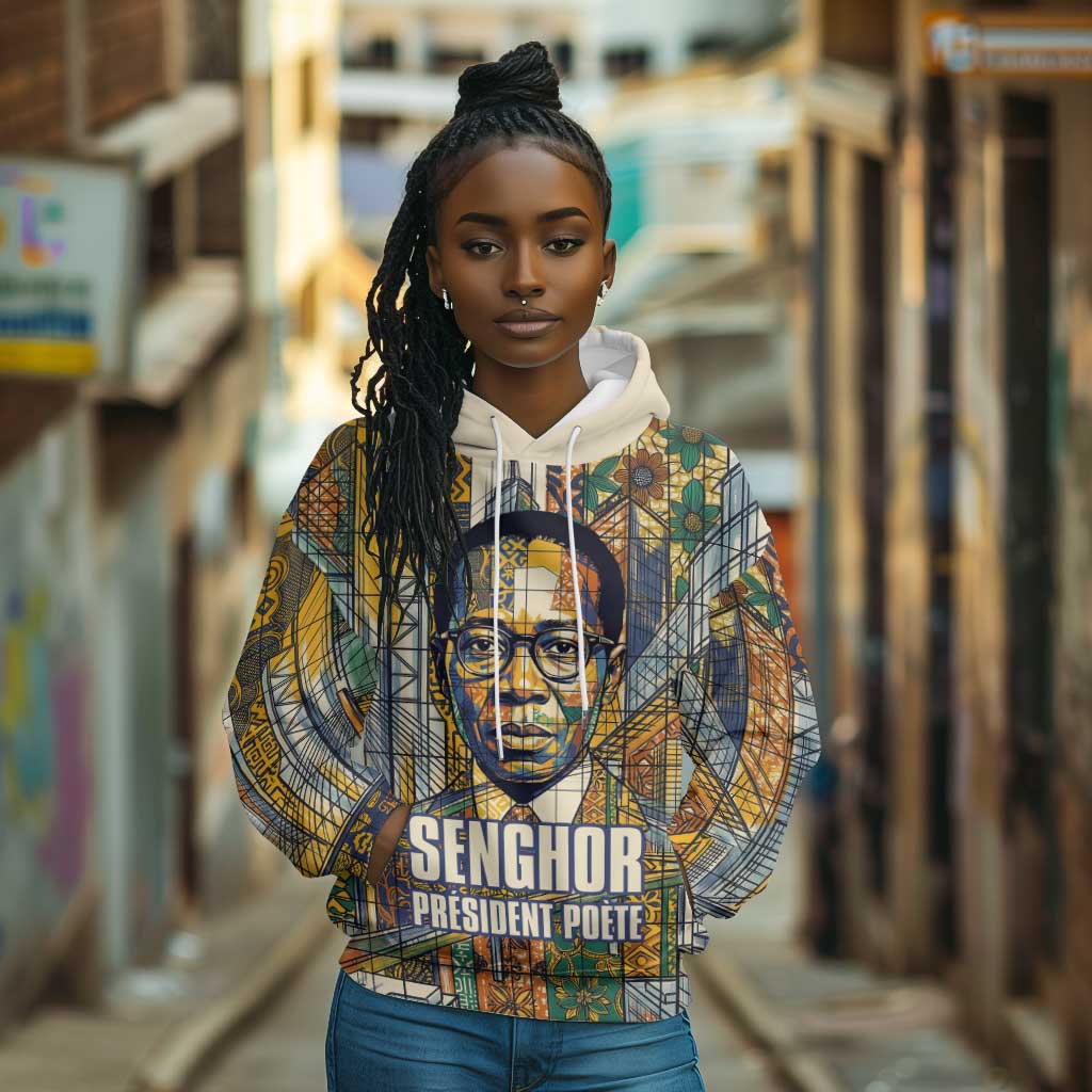 Léopold Sédar Senghor Hoodie President Poete Portrait Futuristic African Robotic Handshake Earth and Flowers Unity - Wonder Print Shop