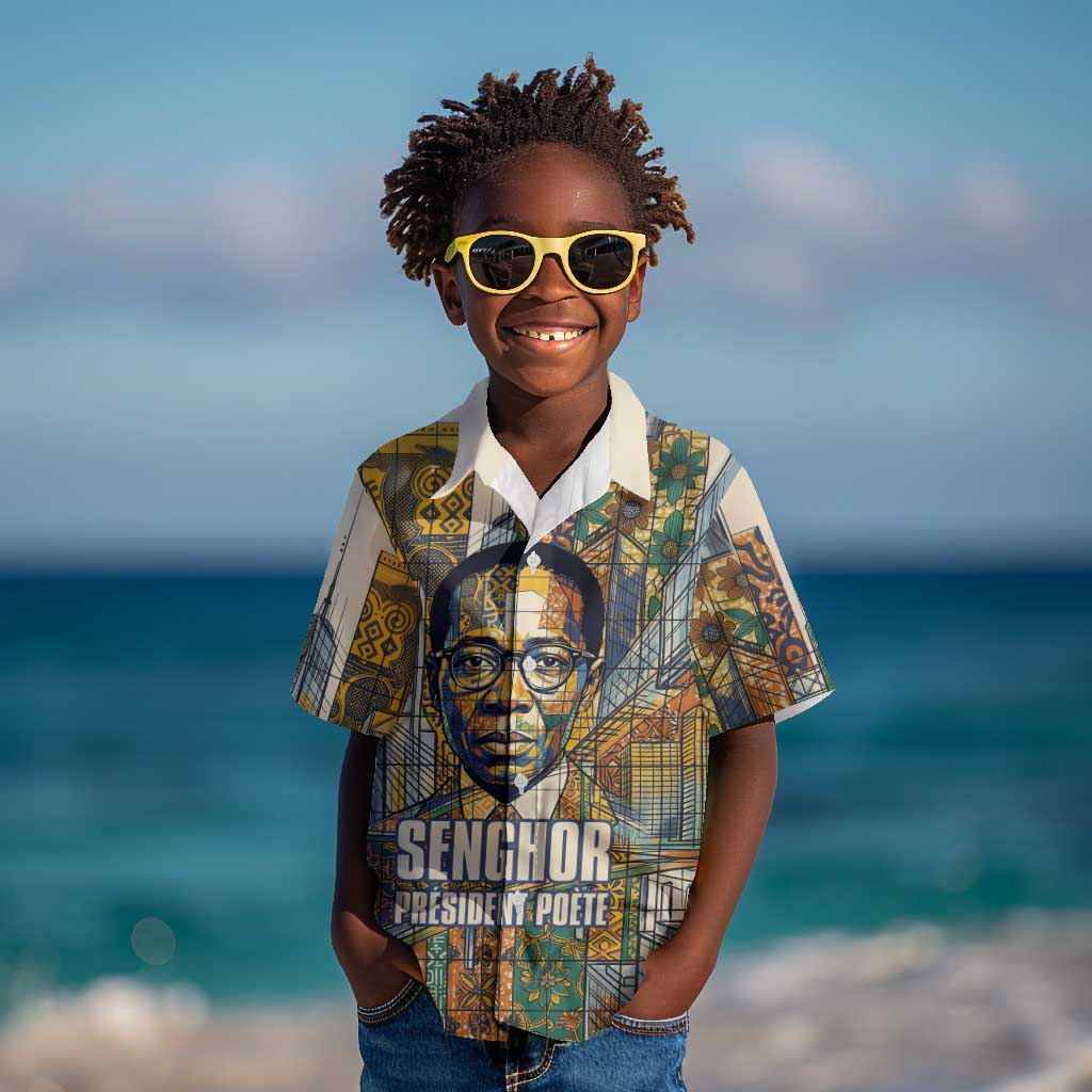 Léopold Sédar Senghor Kid Hawaiian Shirt President Poete Portrait Futuristic African Robotic Handshake Earth and Flowers Unity - Wonder Print Shop