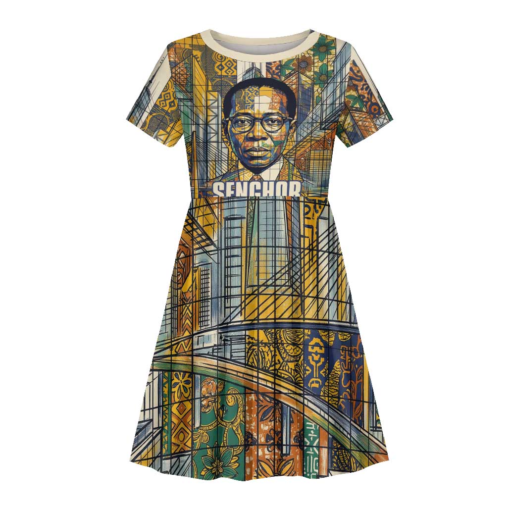 Léopold Sédar Senghor Kid Short Sleeve Dress President Poete Portrait Futuristic African Robotic Handshake Earth and Flowers Unity - Wonder Print Shop