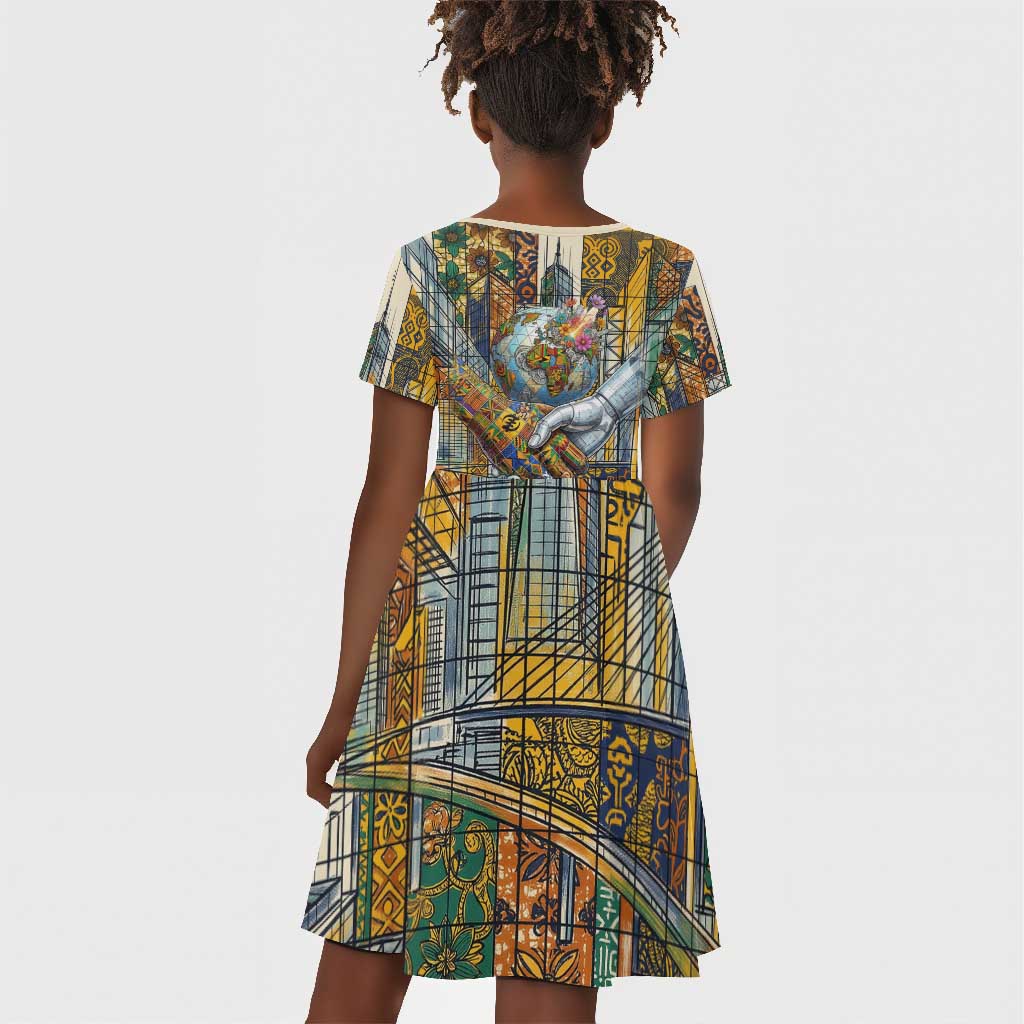 Léopold Sédar Senghor Kid Short Sleeve Dress President Poete Portrait Futuristic African Robotic Handshake Earth and Flowers Unity - Wonder Print Shop