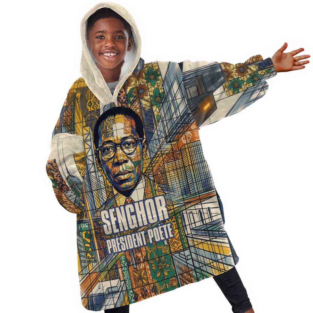 Léopold Sédar Senghor Kid Wearable Blanket Hoodie President Poete Portrait Futuristic African Robotic Handshake Earth and Flowers Unity - Wonder Print Shop