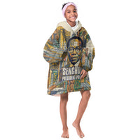 Léopold Sédar Senghor Kid Wearable Blanket Hoodie President Poete Portrait Futuristic African Robotic Handshake Earth and Flowers Unity - Wonder Print Shop