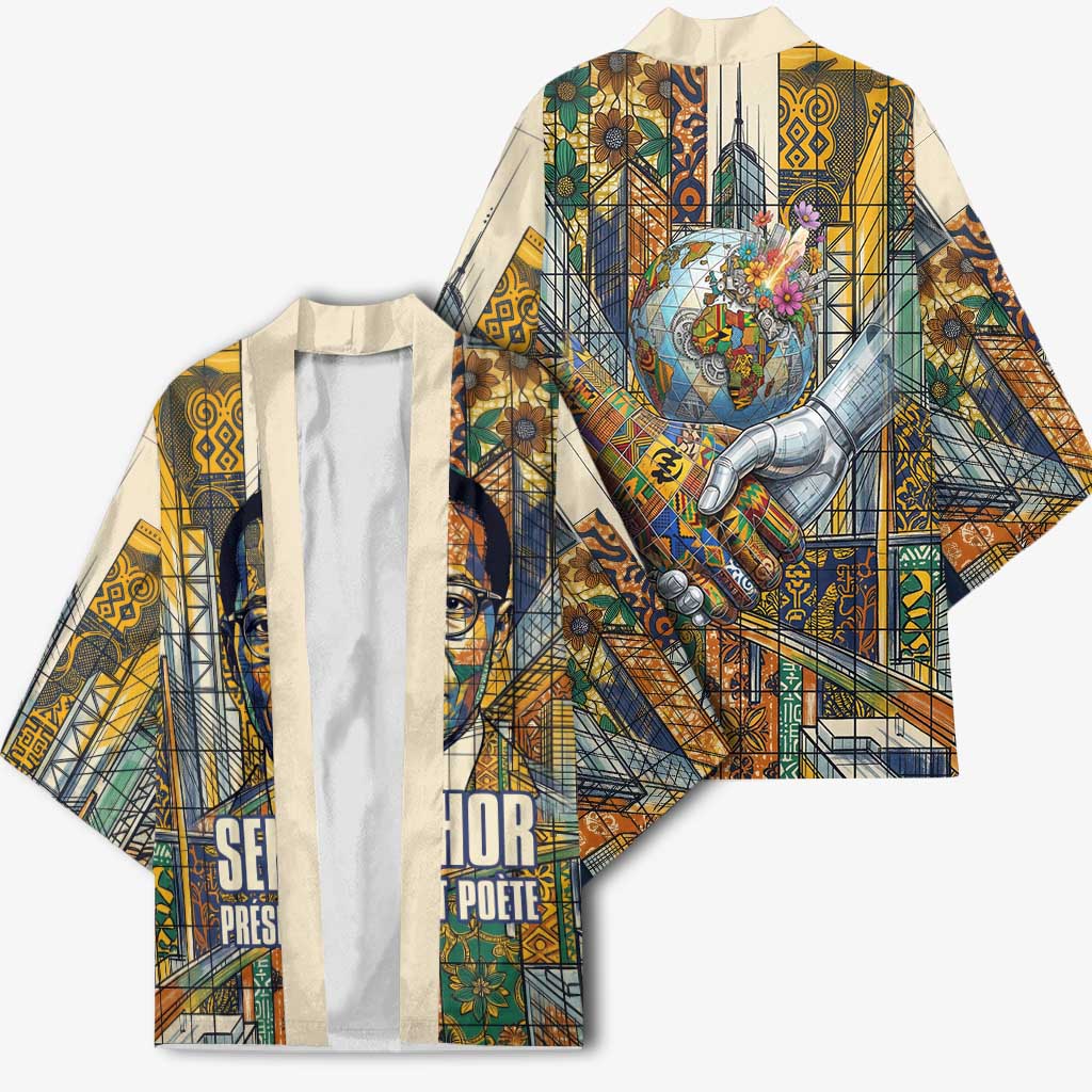 Léopold Sédar Senghor Kimono President Poete Portrait Futuristic African Robotic Handshake Earth and Flowers Unity - Wonder Print Shop
