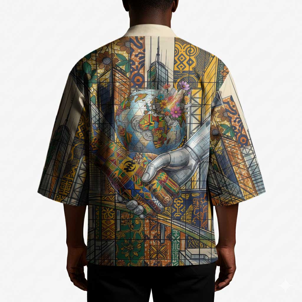 Léopold Sédar Senghor Kimono President Poete Portrait Futuristic African Robotic Handshake Earth and Flowers Unity - Wonder Print Shop