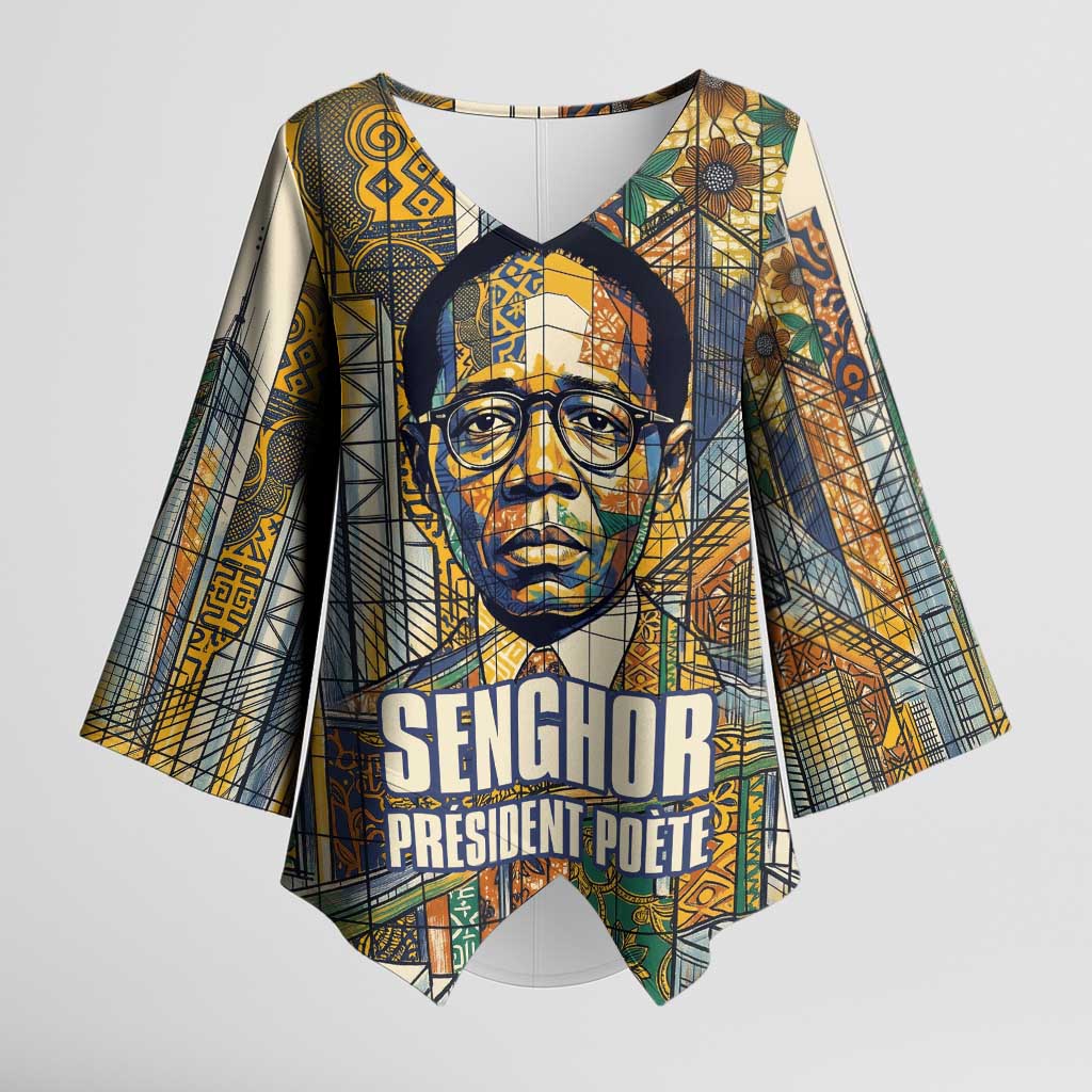 Léopold Sédar Senghor Kimono Sleeve Blouse President Poete Portrait Futuristic African Robotic Handshake Earth and Flowers Unity - Wonder Print Shop