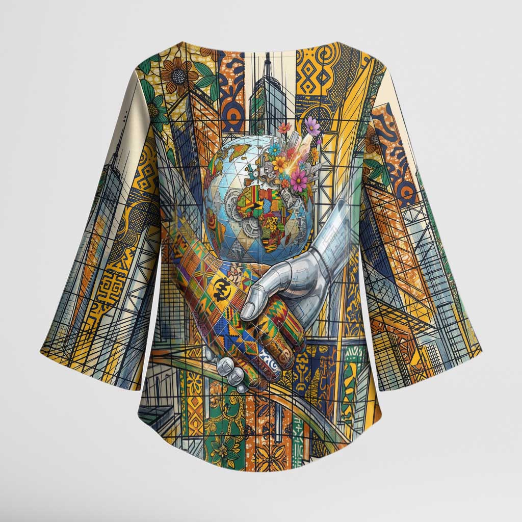 Léopold Sédar Senghor Kimono Sleeve Blouse President Poete Portrait Futuristic African Robotic Handshake Earth and Flowers Unity - Wonder Print Shop