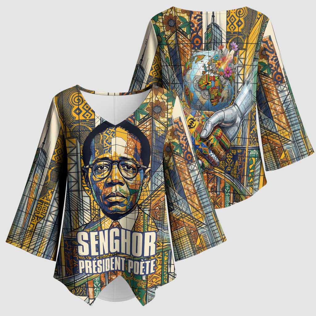 Léopold Sédar Senghor Kimono Sleeve Blouse President Poete Portrait Futuristic African Robotic Handshake Earth and Flowers Unity - Wonder Print Shop