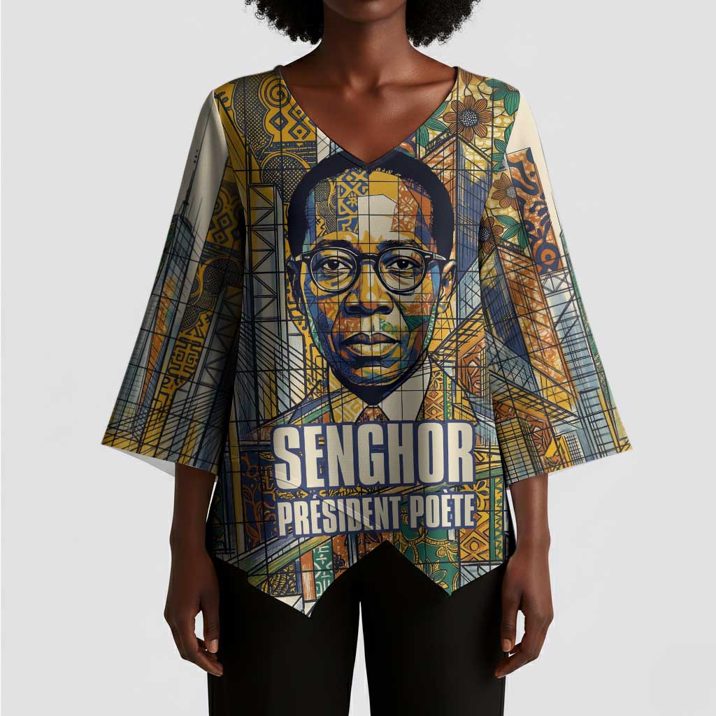 Léopold Sédar Senghor Kimono Sleeve Blouse President Poete Portrait Futuristic African Robotic Handshake Earth and Flowers Unity - Wonder Print Shop