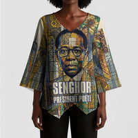 Léopold Sédar Senghor Kimono Sleeve Blouse President Poete Portrait Futuristic African Robotic Handshake Earth and Flowers Unity - Wonder Print Shop