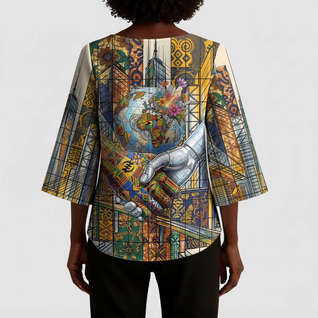 Léopold Sédar Senghor Kimono Sleeve Blouse President Poete Portrait Futuristic African Robotic Handshake Earth and Flowers Unity - Wonder Print Shop