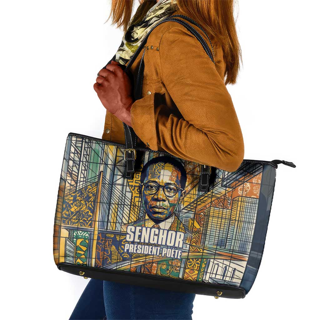 Léopold Sédar Senghor Leather Tote Bag President Poete Portrait Futuristic African Robotic Handshake Earth and Flowers Unity - Wonder Print Shop