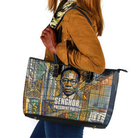 Léopold Sédar Senghor Leather Tote Bag President Poete Portrait Futuristic African Robotic Handshake Earth and Flowers Unity - Wonder Print Shop