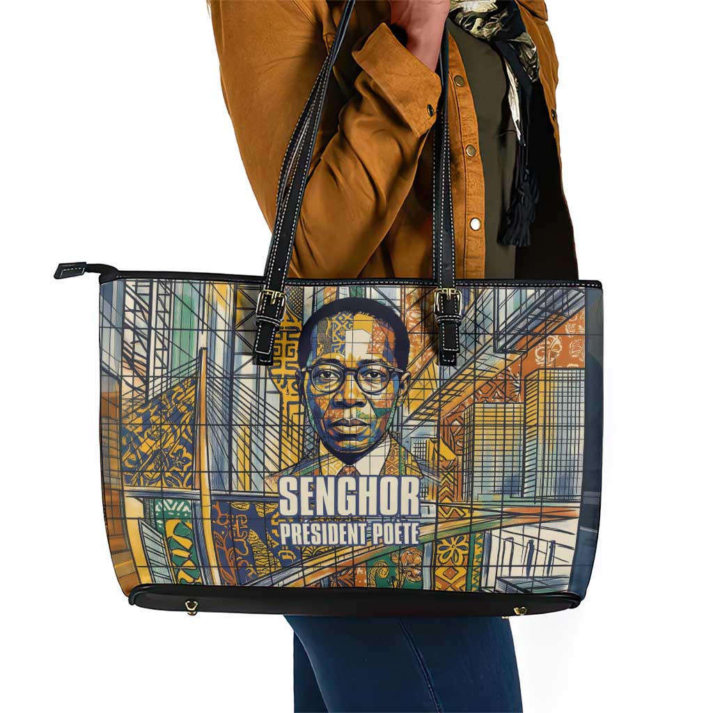 Léopold Sédar Senghor Leather Tote Bag President Poete Portrait Futuristic African Robotic Handshake Earth and Flowers Unity - Wonder Print Shop