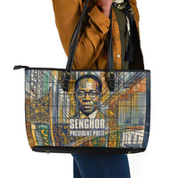 Léopold Sédar Senghor Leather Tote Bag President Poete Portrait Futuristic African Robotic Handshake Earth and Flowers Unity - Wonder Print Shop