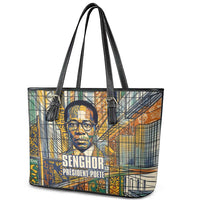 Léopold Sédar Senghor Leather Tote Bag President Poete Portrait Futuristic African Robotic Handshake Earth and Flowers Unity - Wonder Print Shop