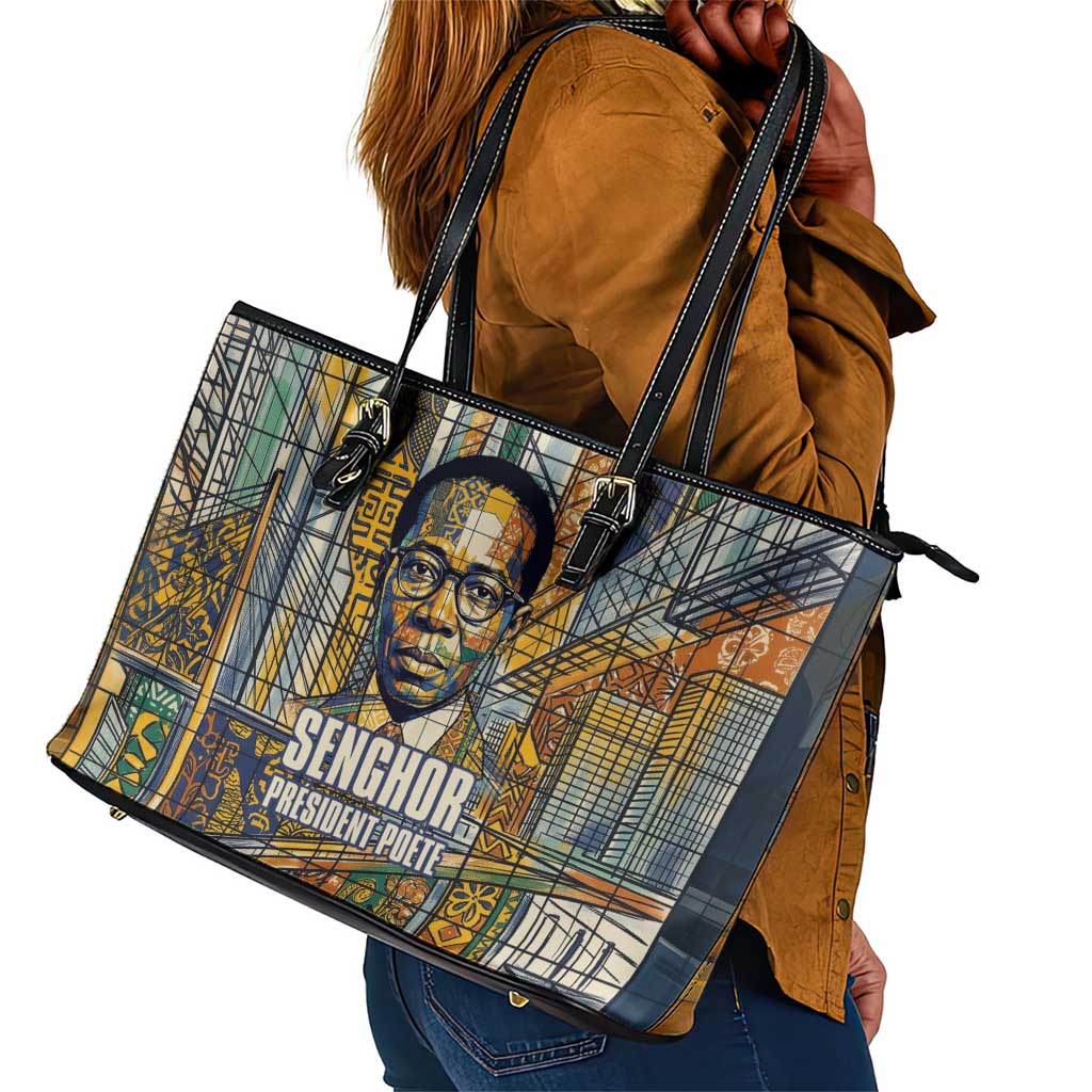 Léopold Sédar Senghor Leather Tote Bag President Poete Portrait Futuristic African Robotic Handshake Earth and Flowers Unity - Wonder Print Shop